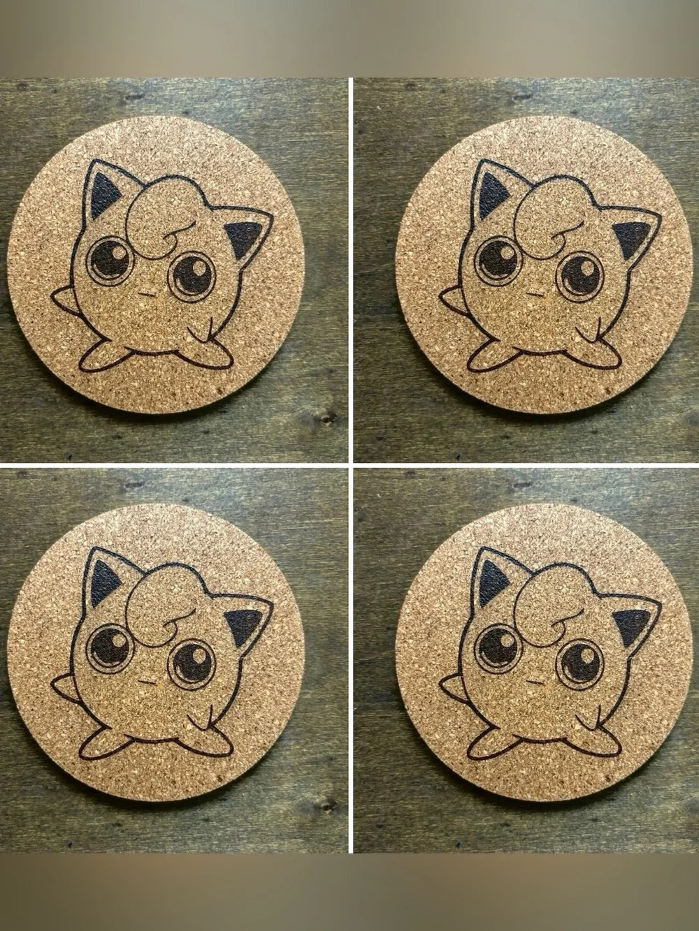 Pokemon Jigglypuff Laser Engraved Cork Coasters Lot of 4